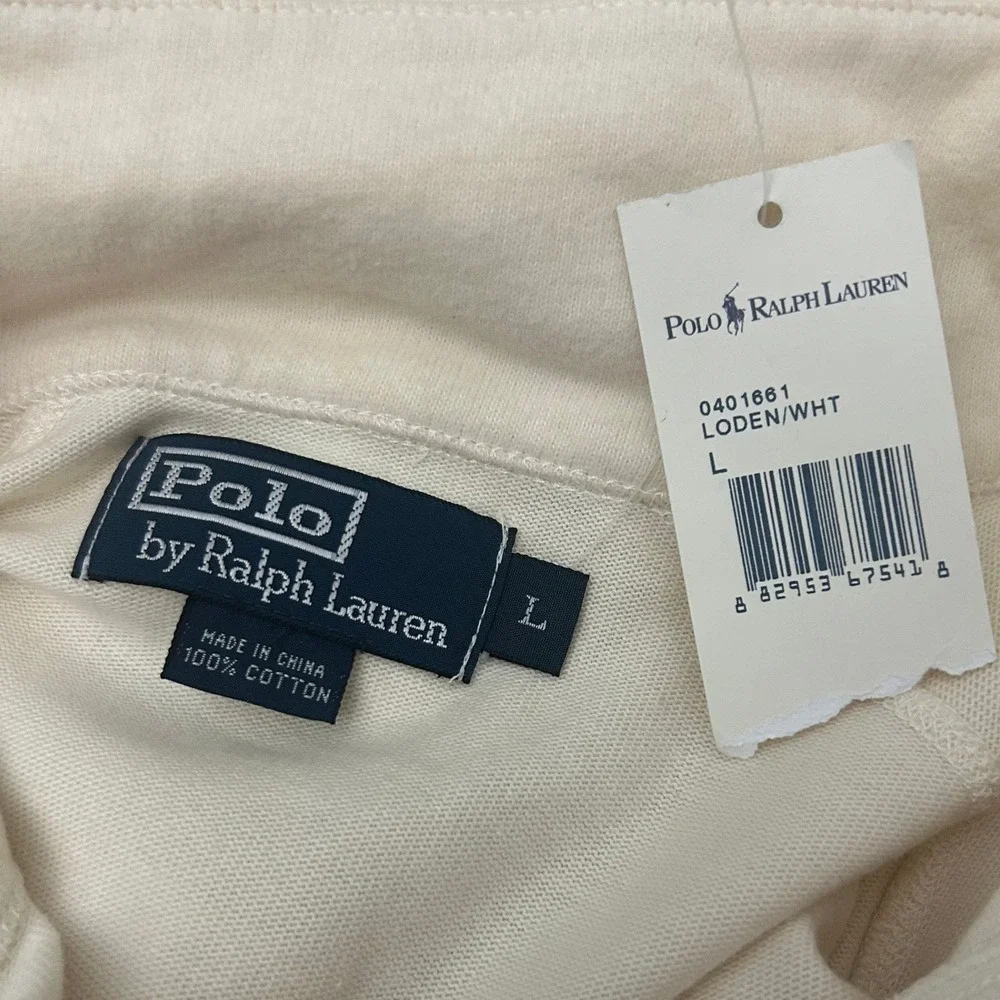 Polo Ralph Lauren Pullover Mens Large Cream 1/4 Zip Elbow Patch Cotton NWT VTG